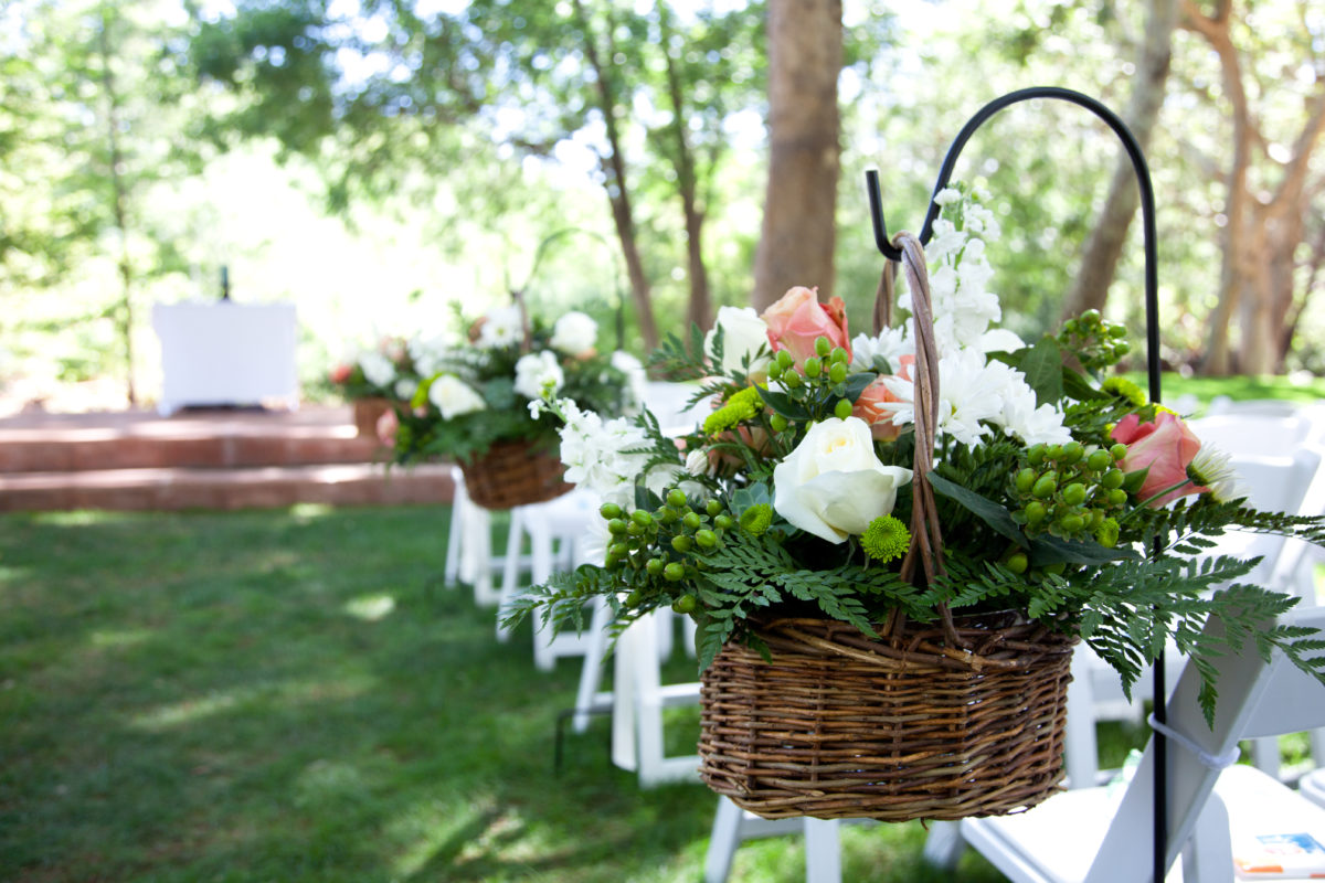 Up close image of basket of flowers for wedding